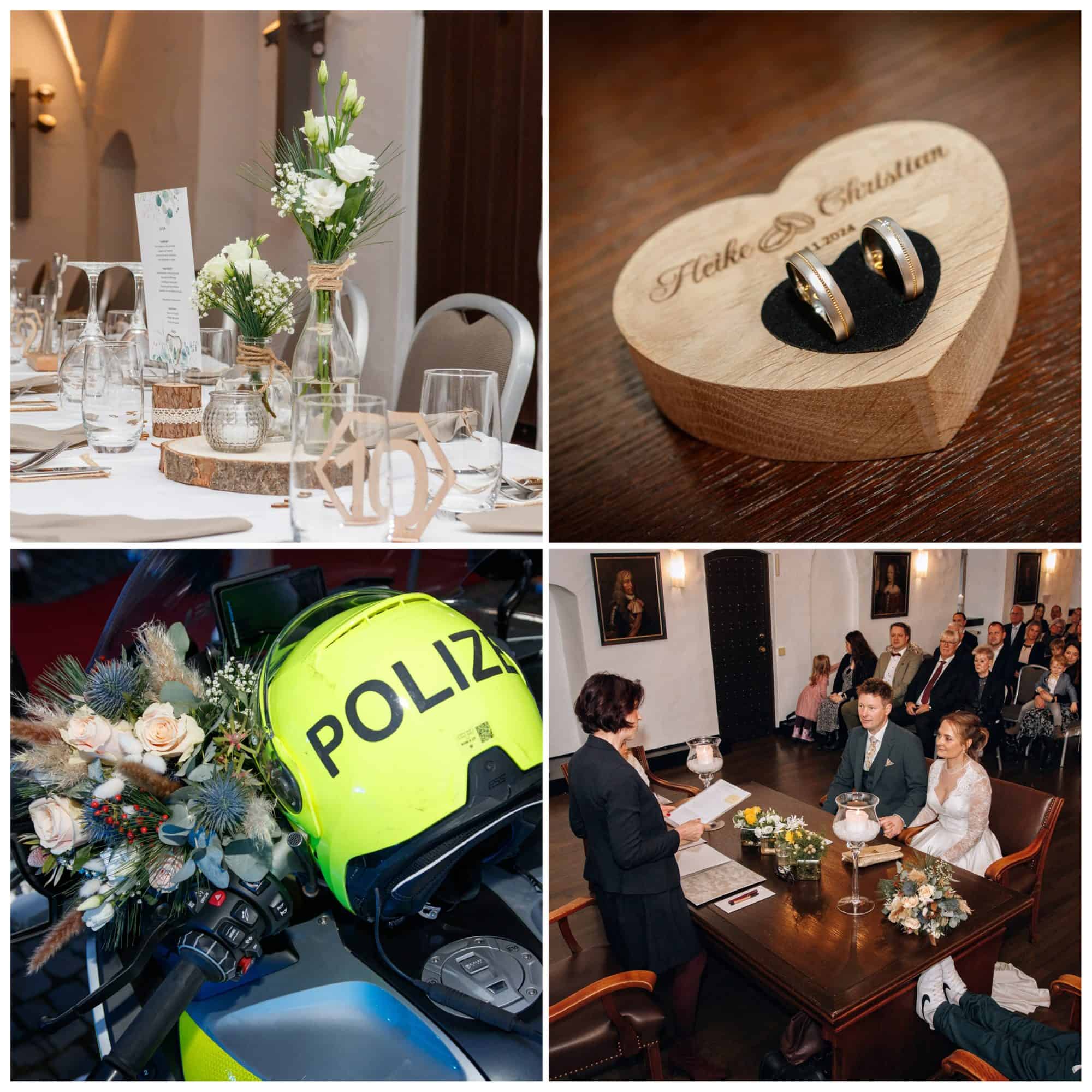 Eine Collage von Bildern, die die standesamtliche Hochzeitszeremonie, die Ringe und Blumen und Dekoration zeigen