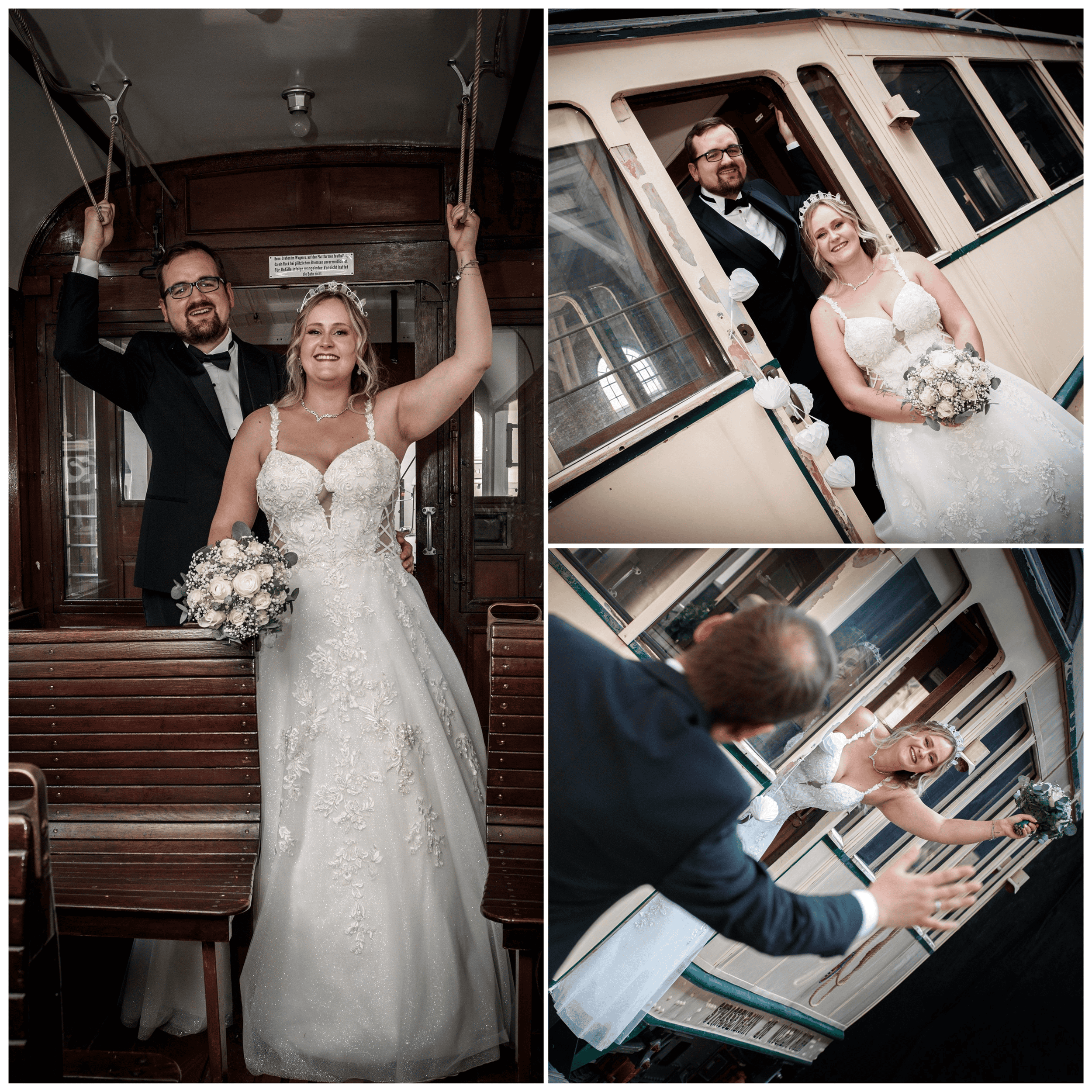 Eine Collage von Fotos eines Brautpaares in einem Zug