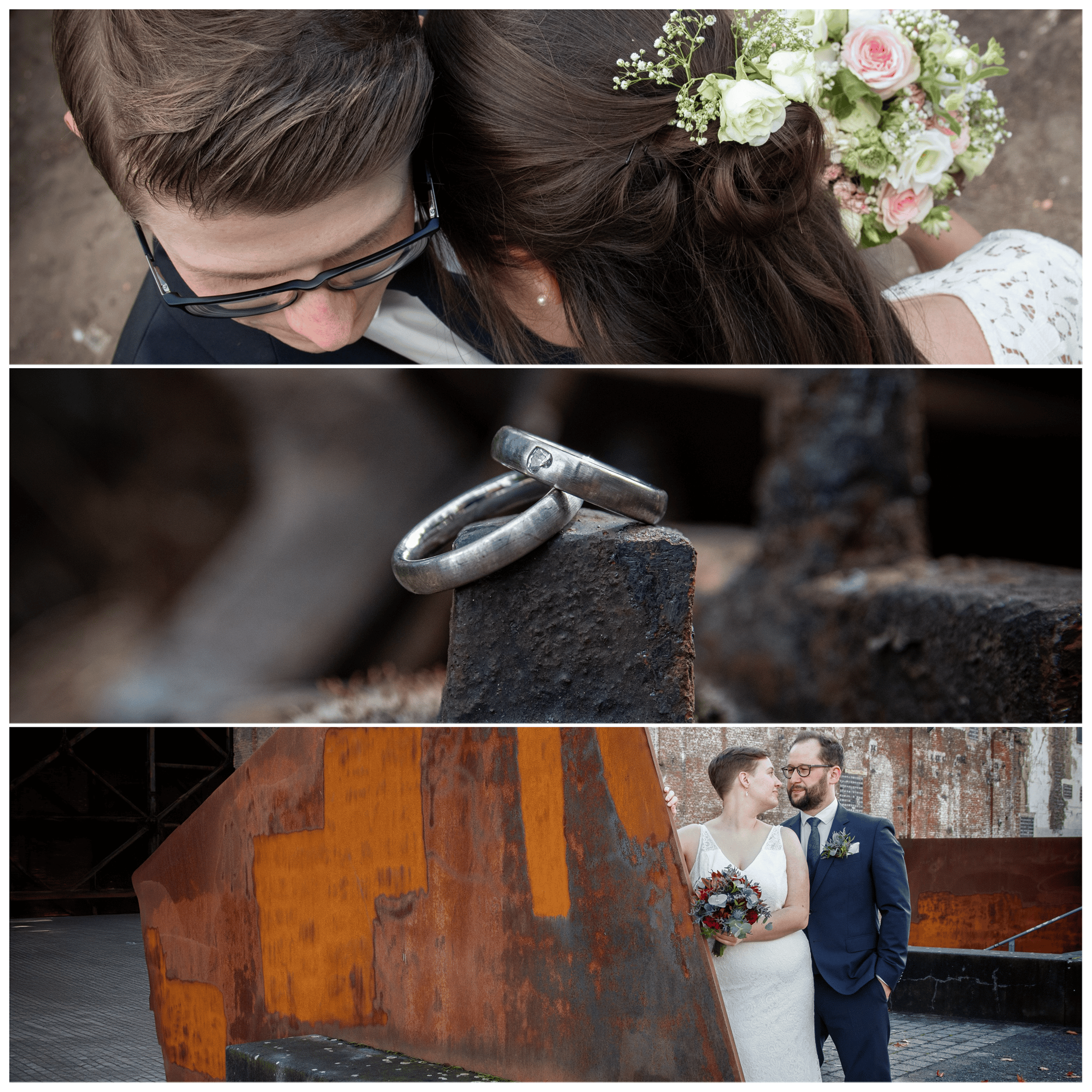 Liebespaar bei der Hochzeit, romantisches Paarfoto mit rustikalem Hintergrund.