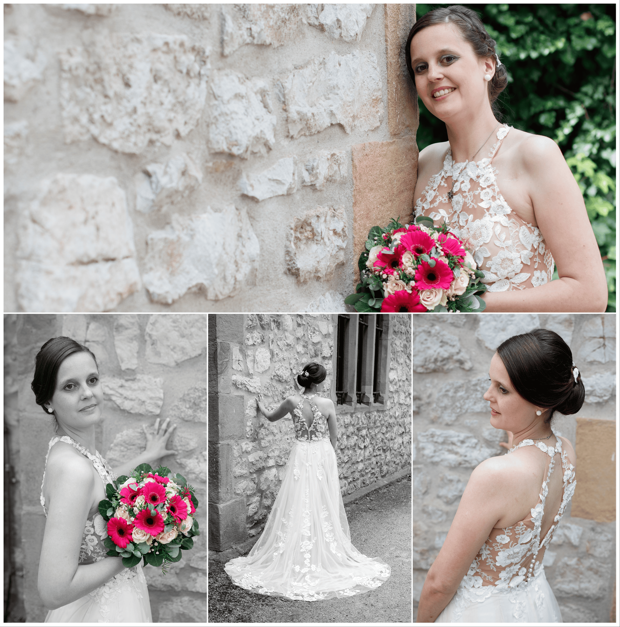 Braut mit Blumenstrauß vor Steinmauer, Hochzeitsporträt, Feenstaub Entertainment, Hochzeitsfotografie, romantische Brautaufnahmen.